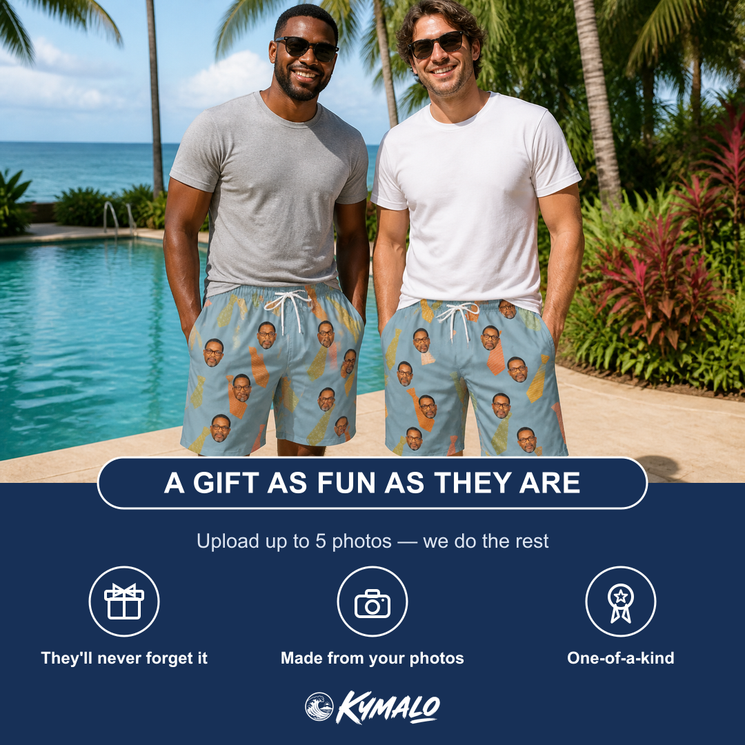 Friends in matching Men's Dapper Dads Custom Face Beach Shorts — a group gift photo