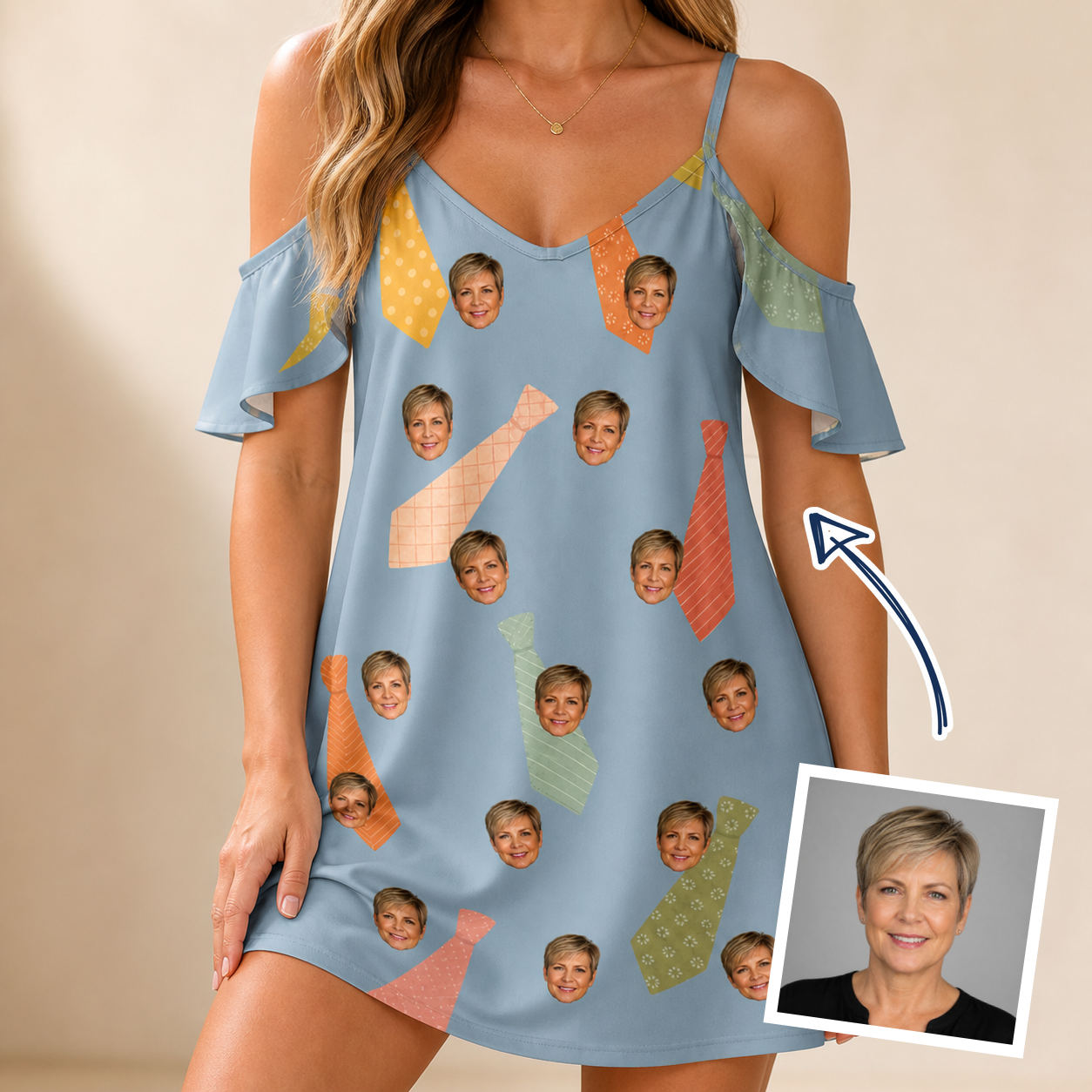 Woman wearing Women's Dapper Dads Custom Face Off-Shoulder Dress — custom faces printed all-over