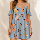 Model wearing Women's Dapper Dads Custom Face Off-Shoulder Dress printed with kids' faces