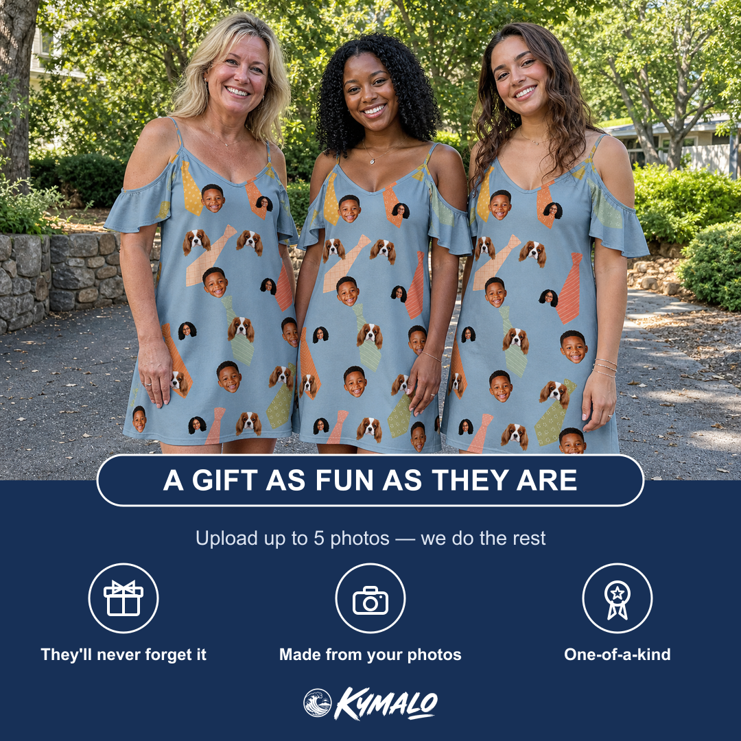 Friends in matching Women's Dapper Dads Custom Face Off-Shoulder Dress — a group gift photo