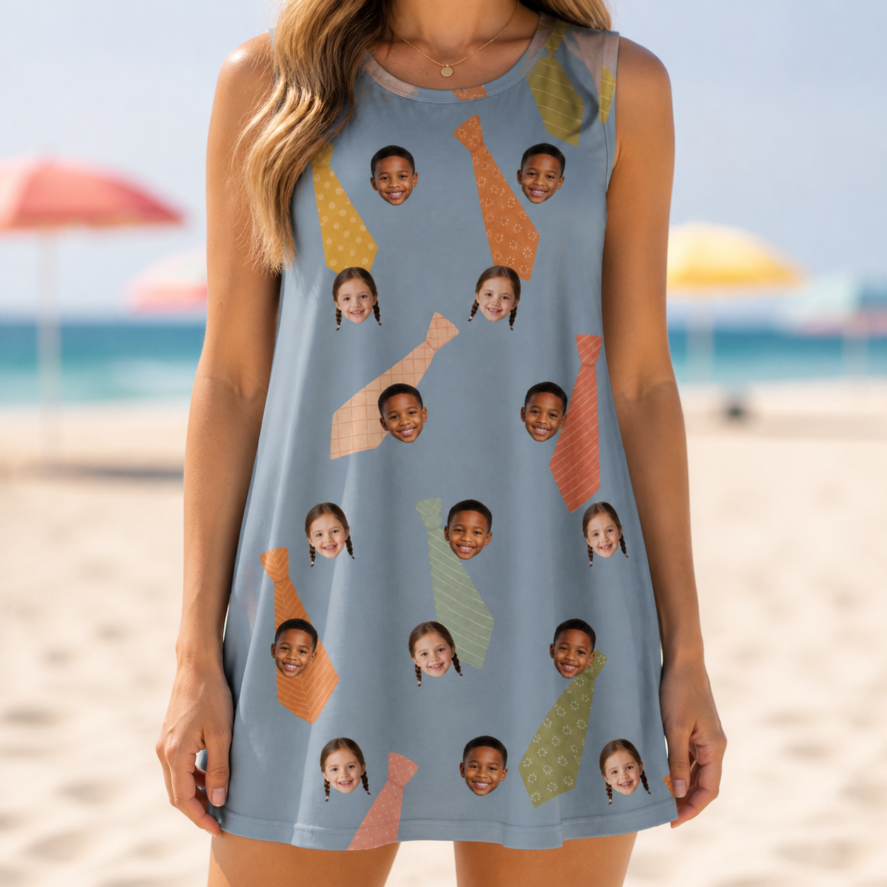 Model wearing Women's Dapper Dads Custom Face Tank Dress printed with kids' faces