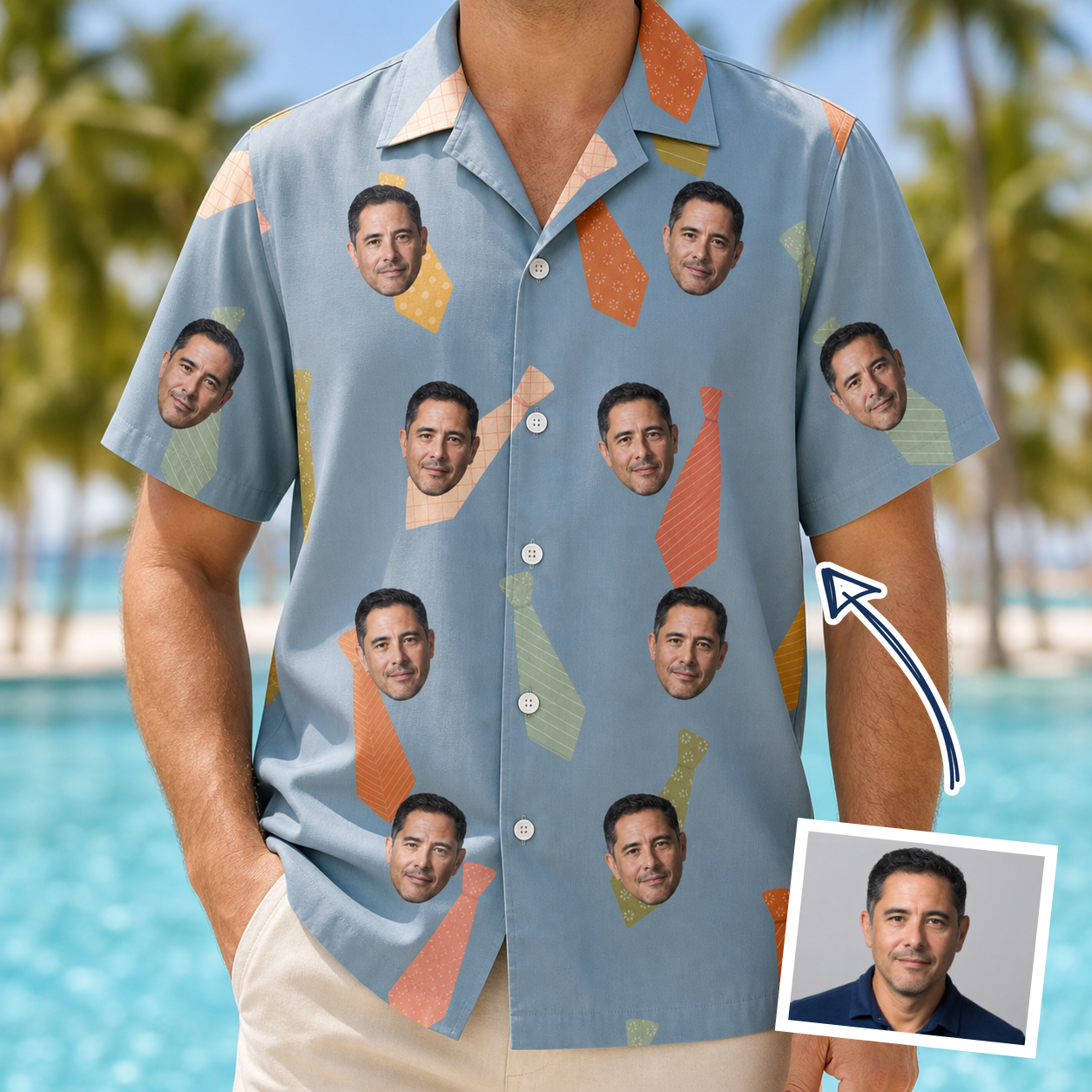 Man wearing Men's Dapper Dads Custom Face Hawaiian Shirt — custom faces printed all-over