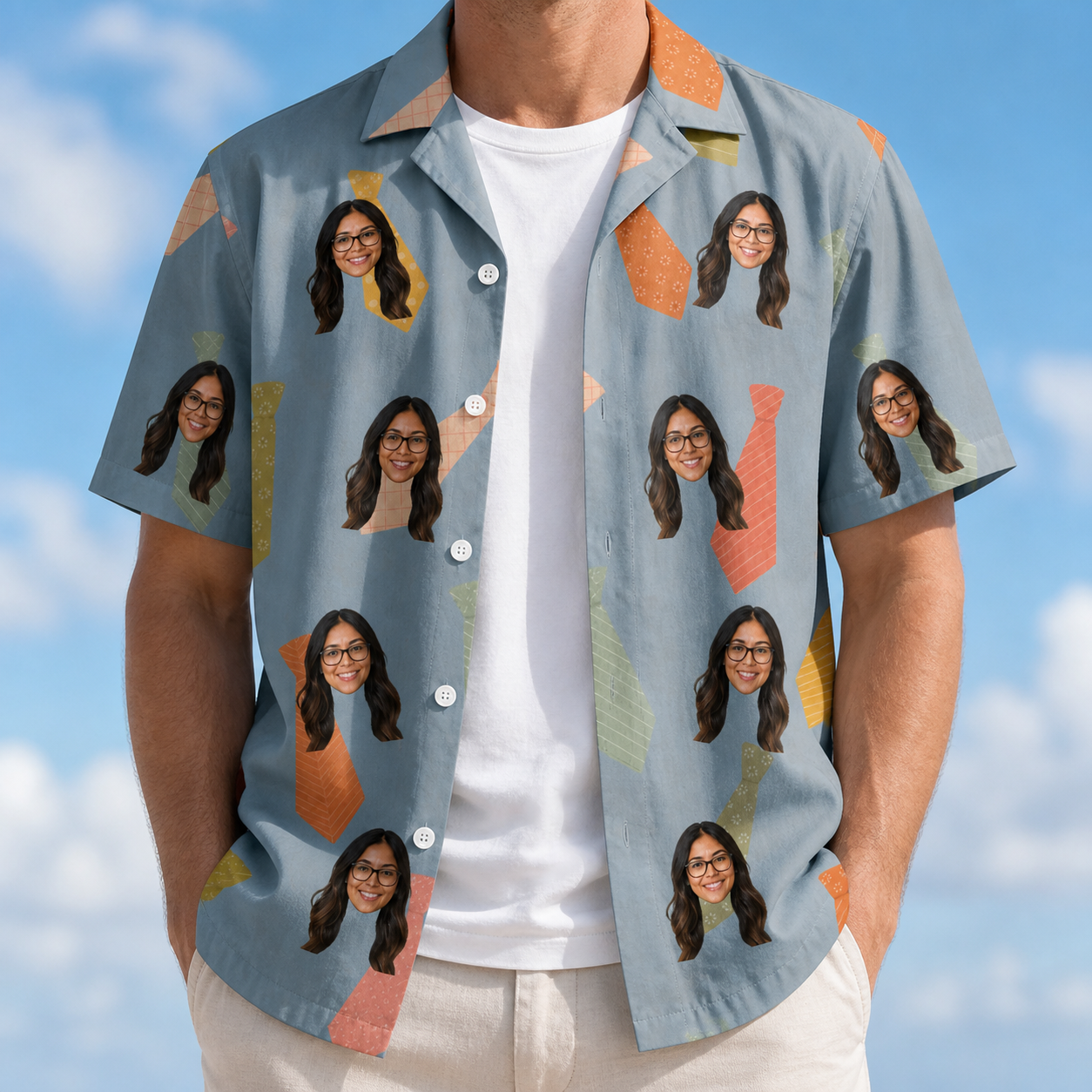 Man wearing Men's Dapper Dads Custom Face Hawaiian Shirt open over a white tee