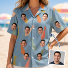 Woman wearing Women's Dapper Dads Custom Face Hawaiian Shirt — custom faces printed all-over