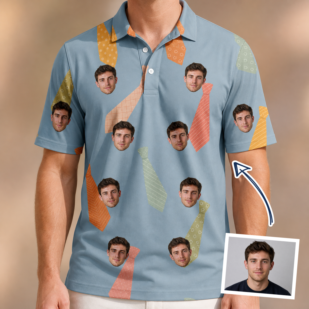 Man wearing Men's Dapper Dads Custom Face Polo Shirt — custom faces printed all-over