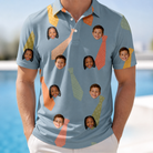 Model wearing Men's Dapper Dads Custom Face Polo Shirt printed with kids' faces
