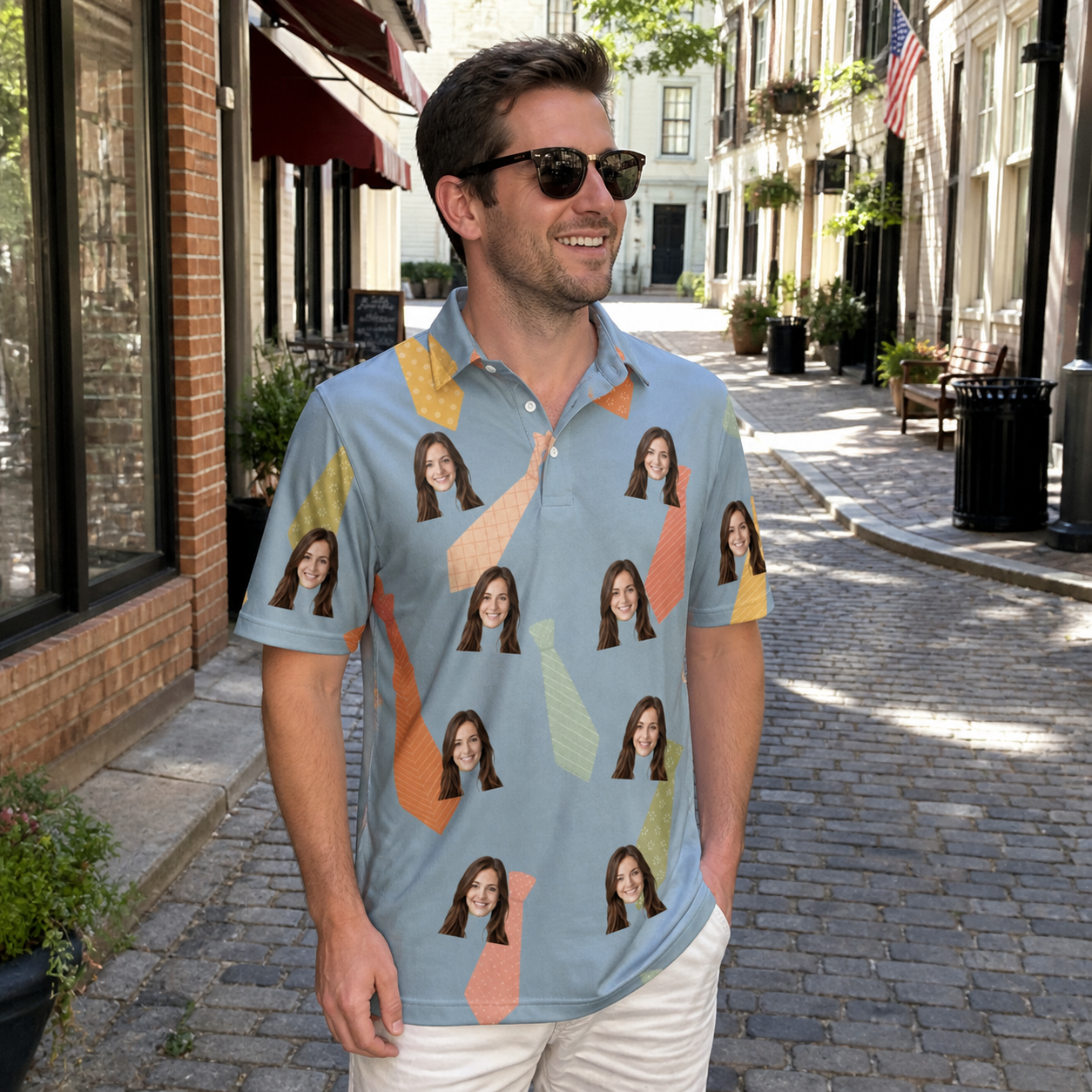 Real-life photo of someone wearing Men's Dapper Dads Custom Face Polo Shirt — custom faces printed all-over