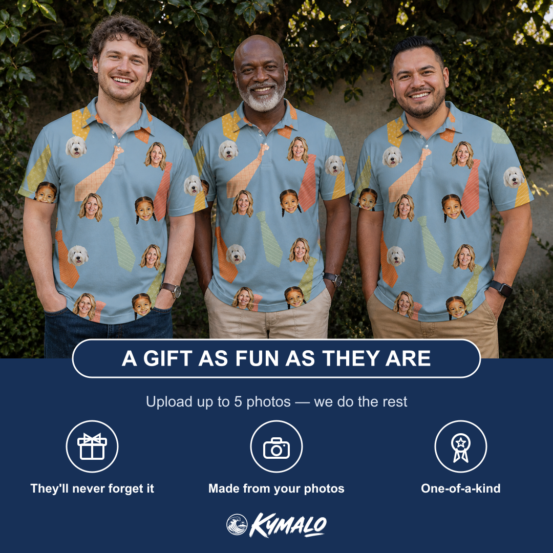 Friends in matching Men's Dapper Dads Custom Face Polo Shirt — a group gift photo