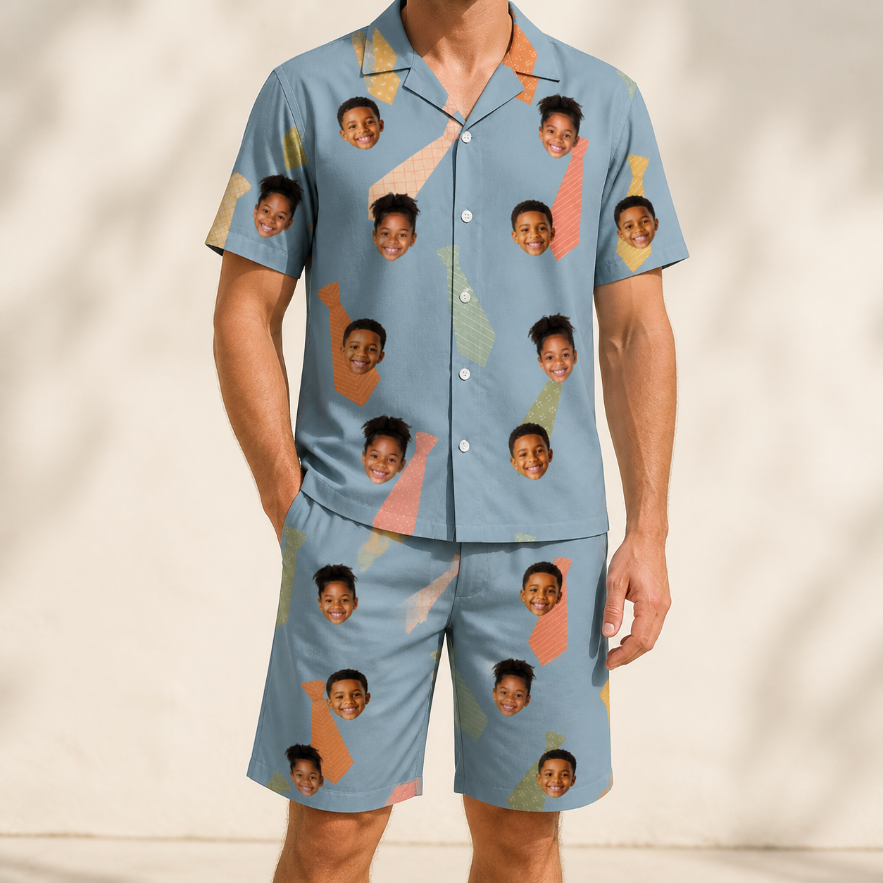 Model wearing Men's Dapper Dads Custom Face Shirt & Shorts Set printed with kids' faces