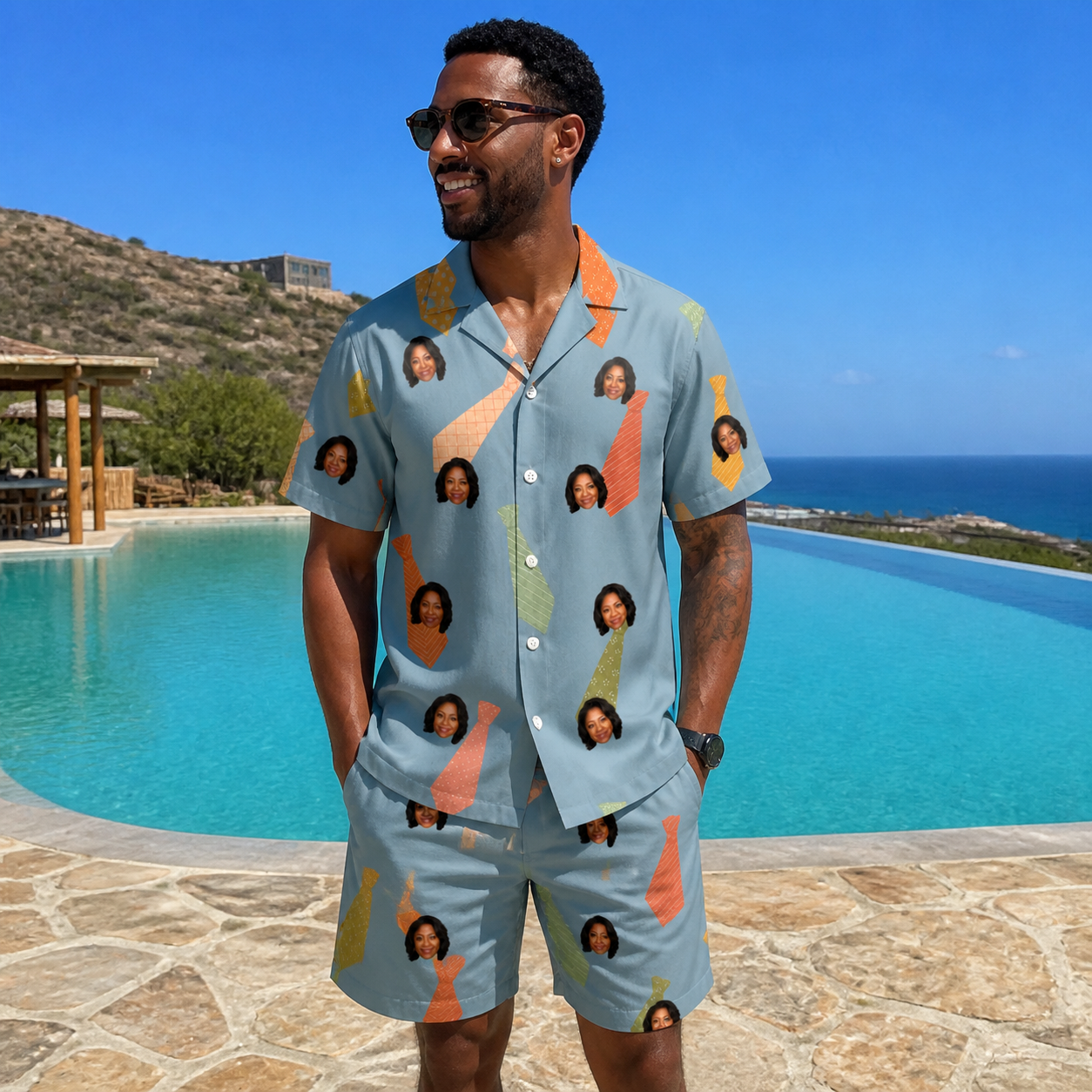 Real-life photo of someone wearing Men's Dapper Dads Custom Face Shirt & Shorts Set — custom faces printed all-over