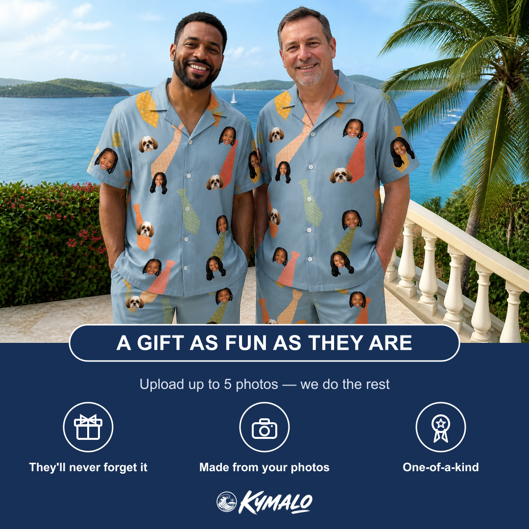 Friends in matching Men's Dapper Dads Custom Face Shirt & Shorts Set — a group gift photo