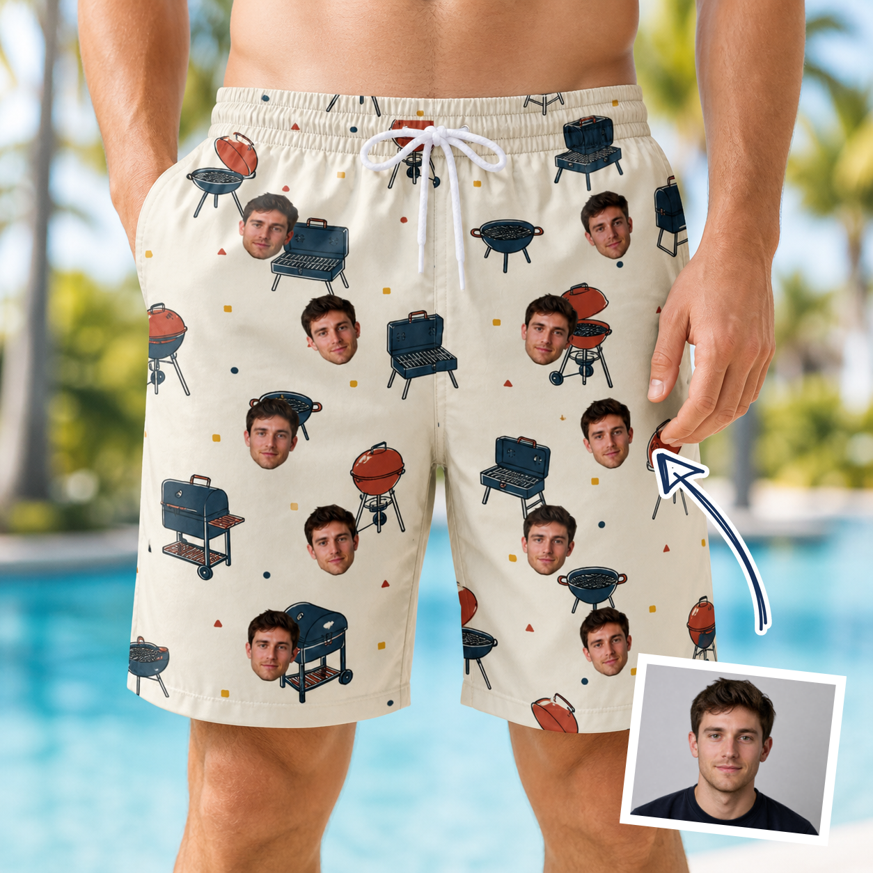 Man wearing Men's Smoke Signals Custom Face Beach Shorts — custom faces printed all-over
