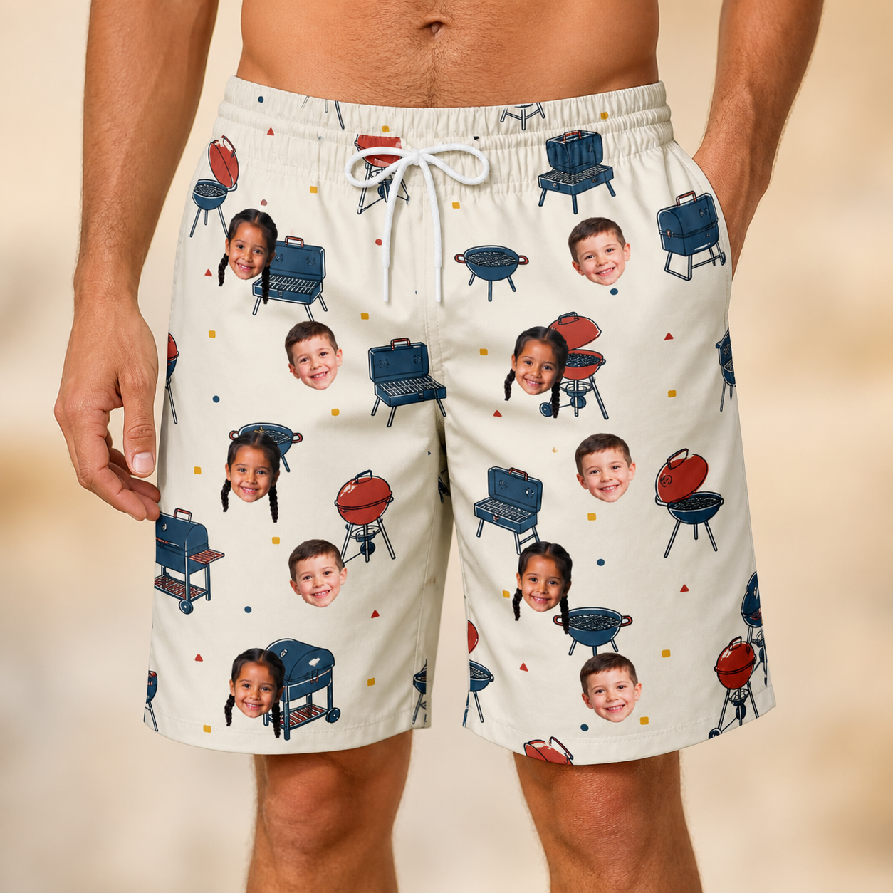 Model wearing Men's Smoke Signals Custom Face Beach Shorts printed with kids' faces