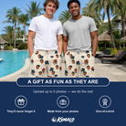 Friends in matching Men's Smoke Signals Custom Face Beach Shorts — a group gift photo