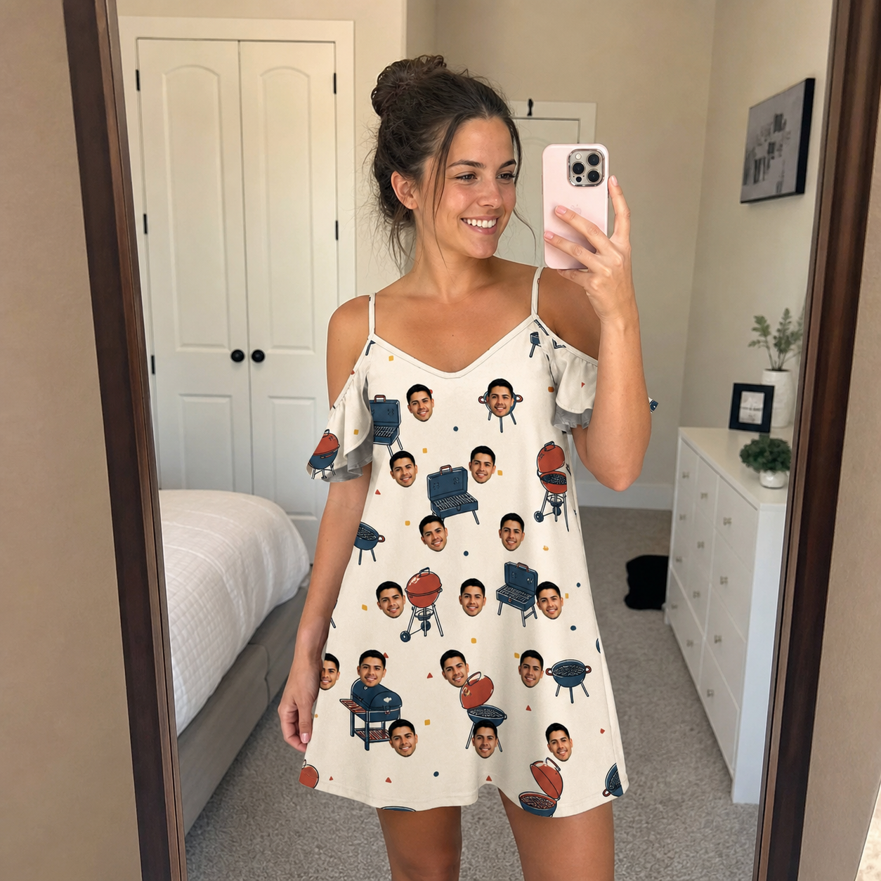 Real-life photo of someone wearing Women's Smoke Signals Custom Face Off-Shoulder Dress — custom faces printed all-over