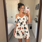 Real-life photo of someone wearing Women's Smoke Signals Custom Face Off-Shoulder Dress — custom faces printed all-over