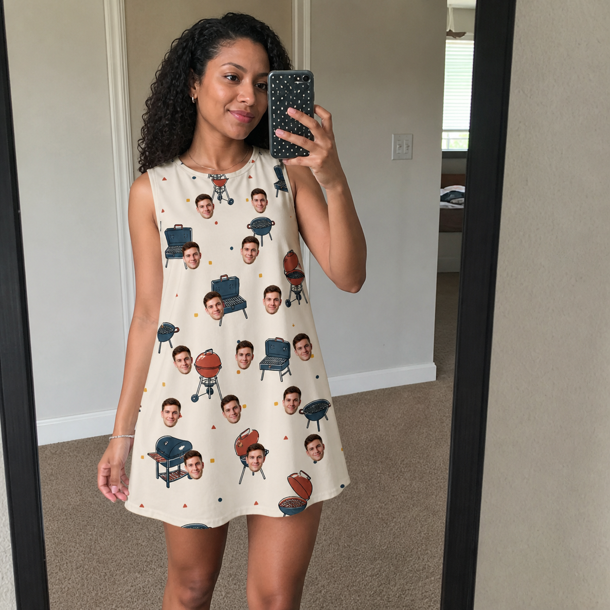 Real-life photo of someone wearing Women's Smoke Signals Custom Face Tank Dress — custom faces printed all-over