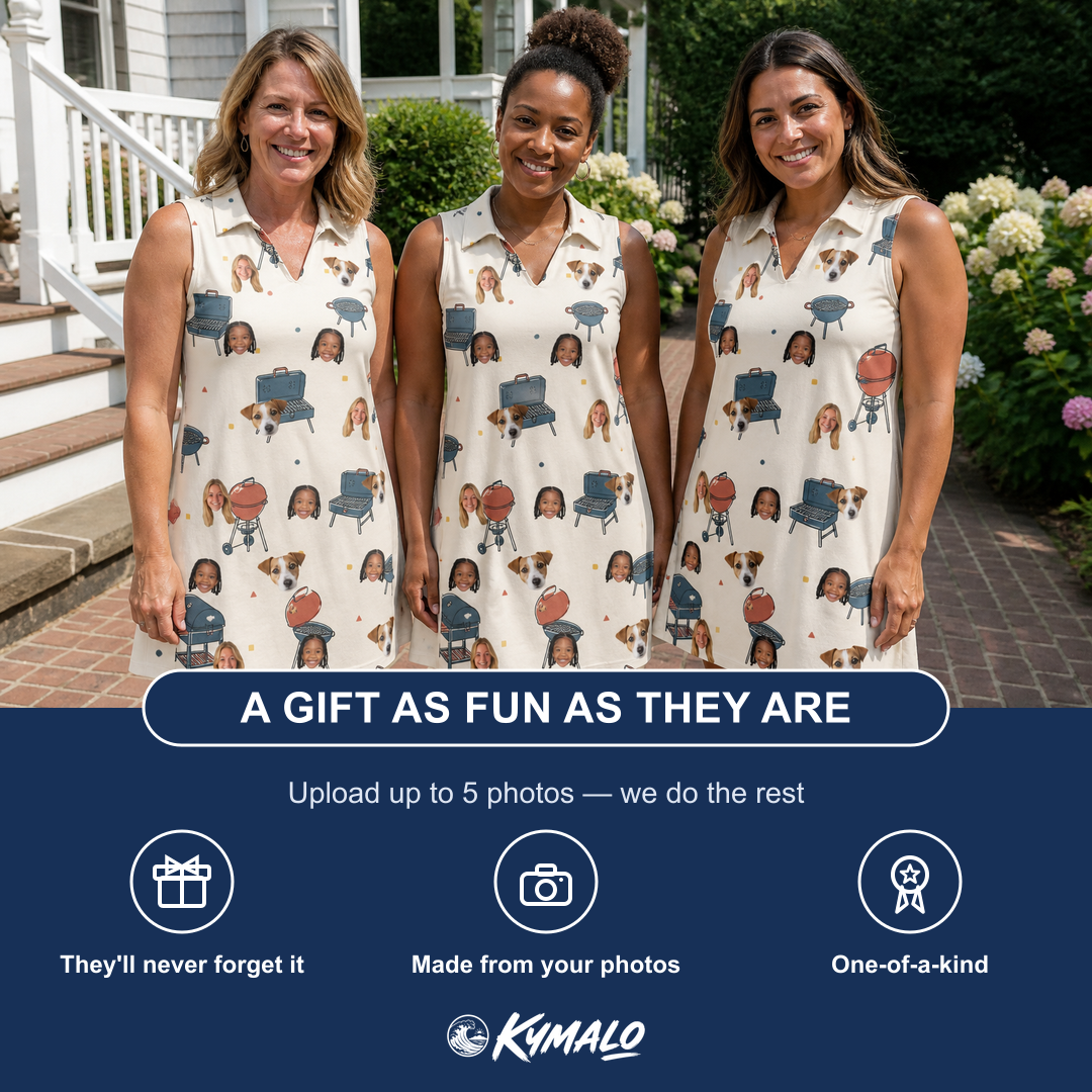 Friends in matching Women's Smoke Signals Custom Face V-Neck Dress — a group gift photo