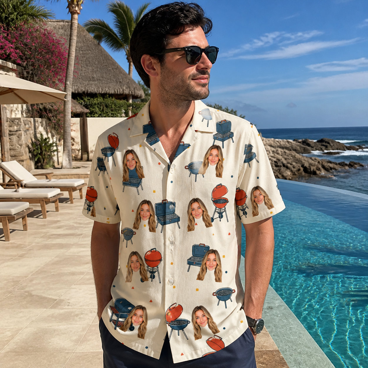 Real-life photo of someone wearing Men's Smoke Signals Custom Face Hawaiian Shirt — custom faces printed all-over