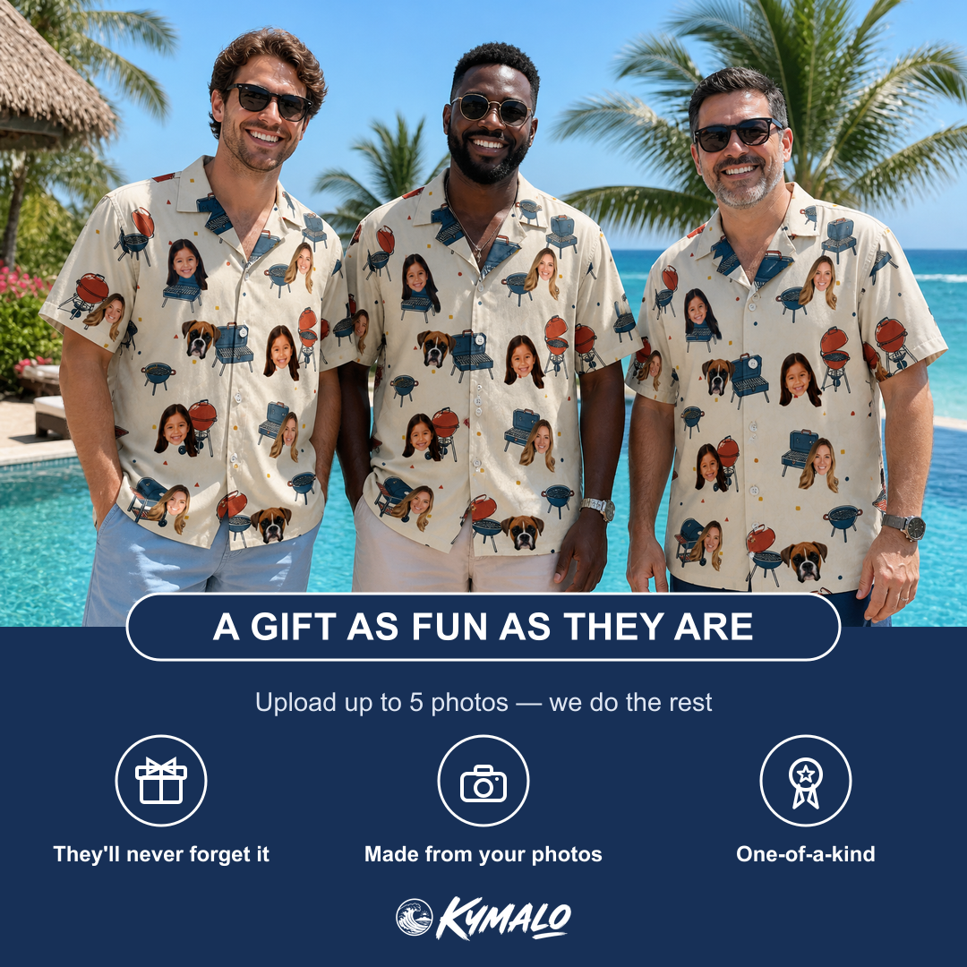 Friends in matching Men's Smoke Signals Custom Face Hawaiian Shirt — a group gift photo