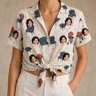 Woman wearing Women's Smoke Signals Custom Face Hawaiian Shirt tied at the waist