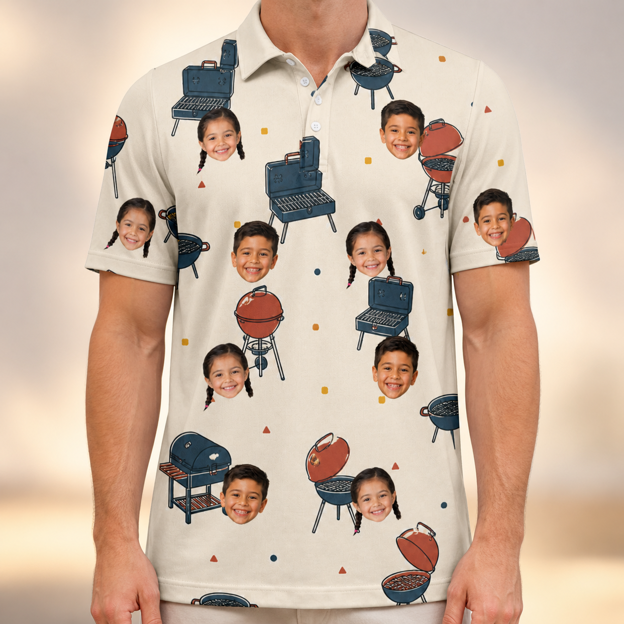 Model wearing Men's Smoke Signals Custom Face Polo Shirt printed with kids' faces