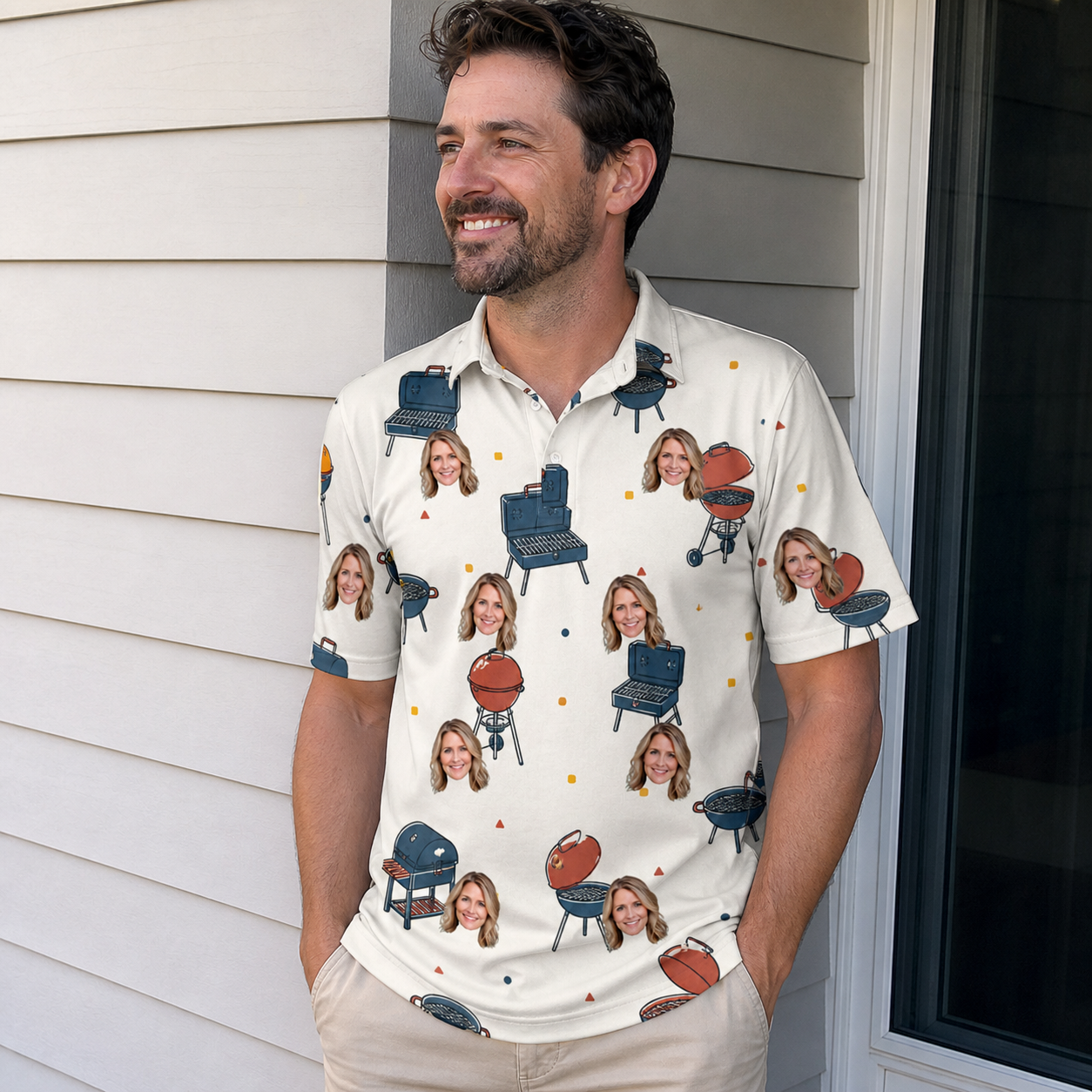 Real-life photo of someone wearing Men's Smoke Signals Custom Face Polo Shirt — custom faces printed all-over