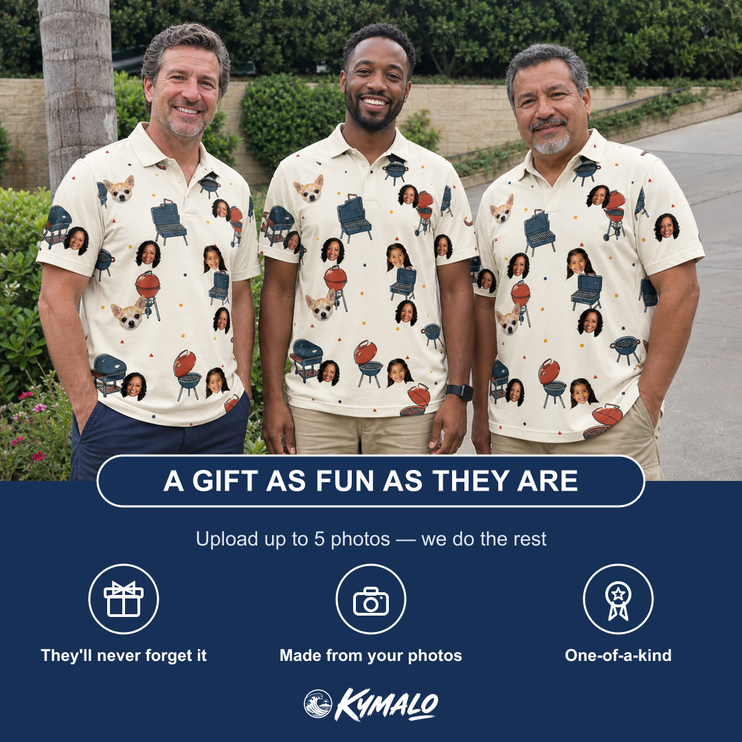 Friends in matching Men's Smoke Signals Custom Face Polo Shirt — a group gift photo