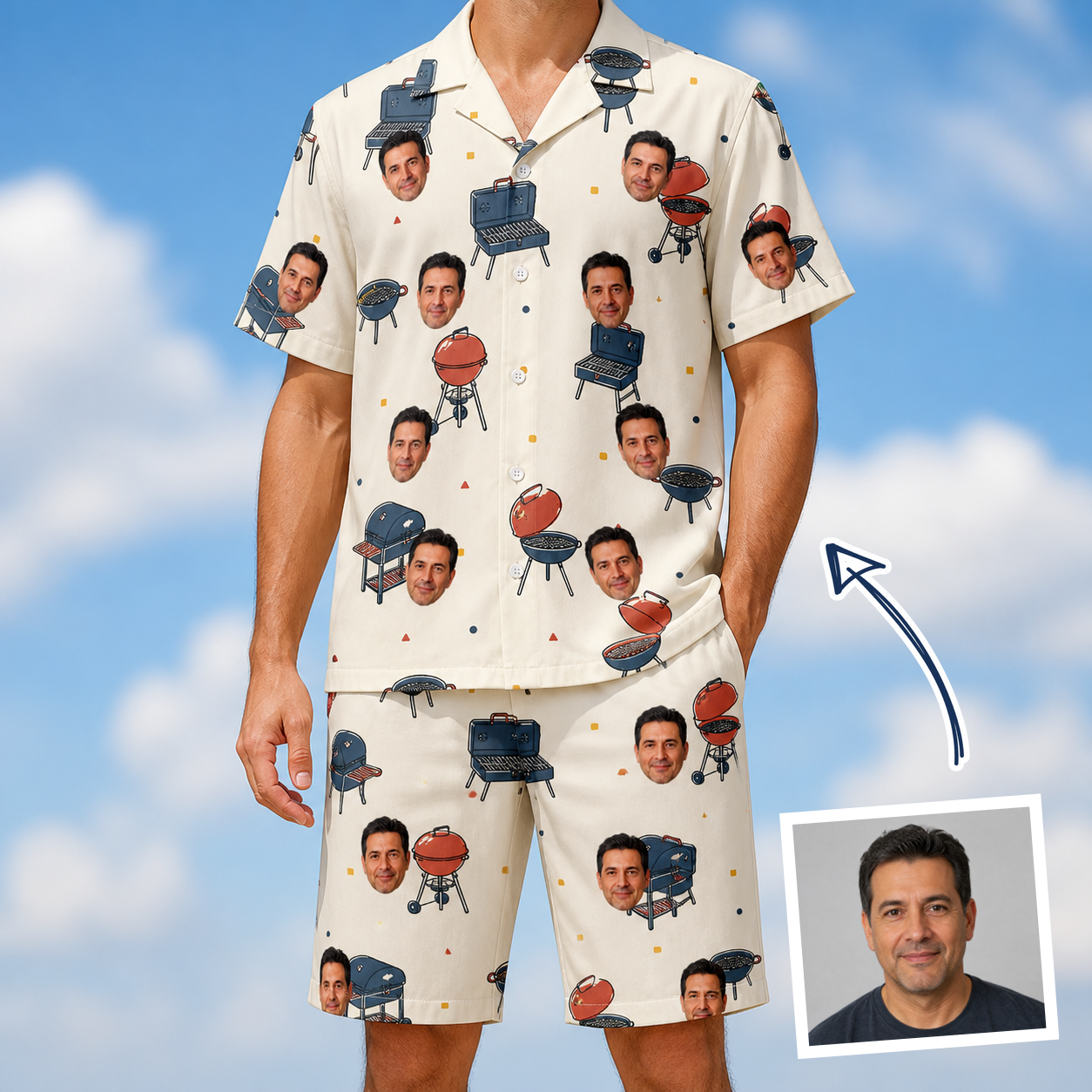 Man wearing Men's Smoke Signals Custom Face Shirt & Shorts Set — custom faces printed all-over