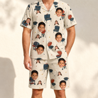 Model wearing Men's Smoke Signals Custom Face Shirt & Shorts Set printed with kids' faces