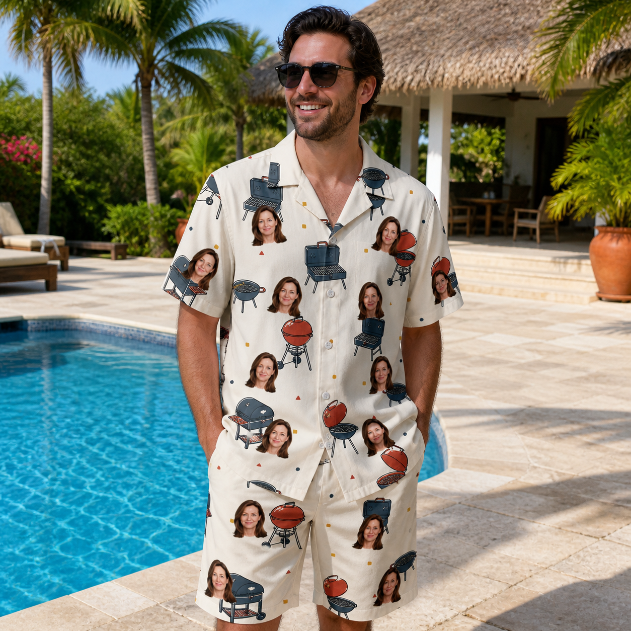 Real-life photo of someone wearing Men's Smoke Signals Custom Face Shirt & Shorts Set — custom faces printed all-over