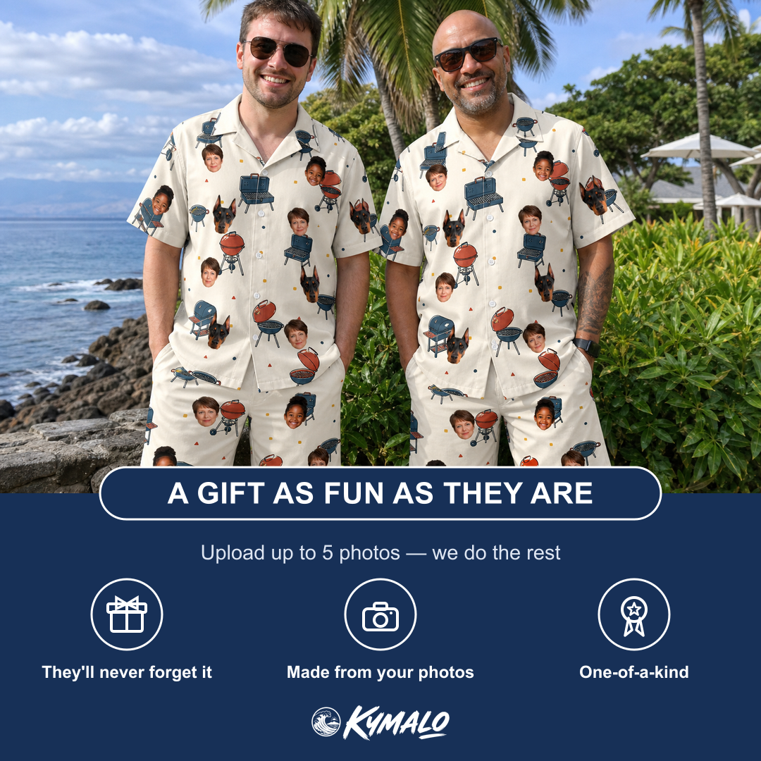 Friends in matching Men's Smoke Signals Custom Face Shirt & Shorts Set — a group gift photo