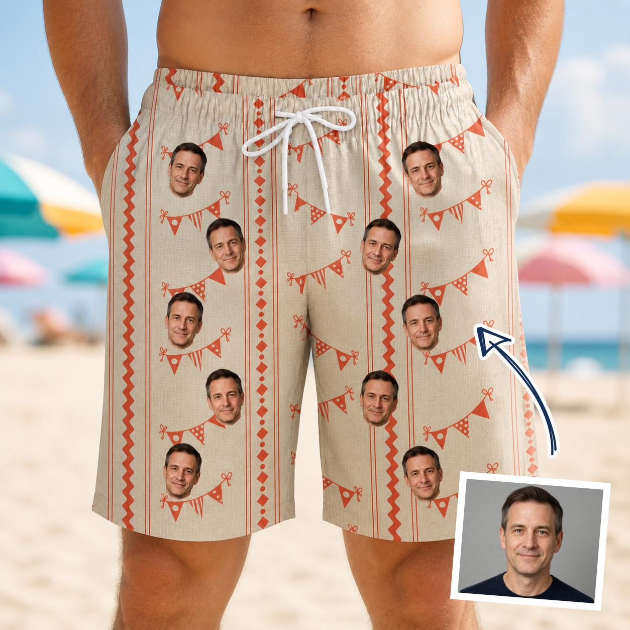 Man wearing Men's Grand Gathering Custom Face Beach Shorts — custom faces printed all-over
