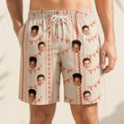 Model wearing Men's Grand Gathering Custom Face Beach Shorts printed with kids' faces