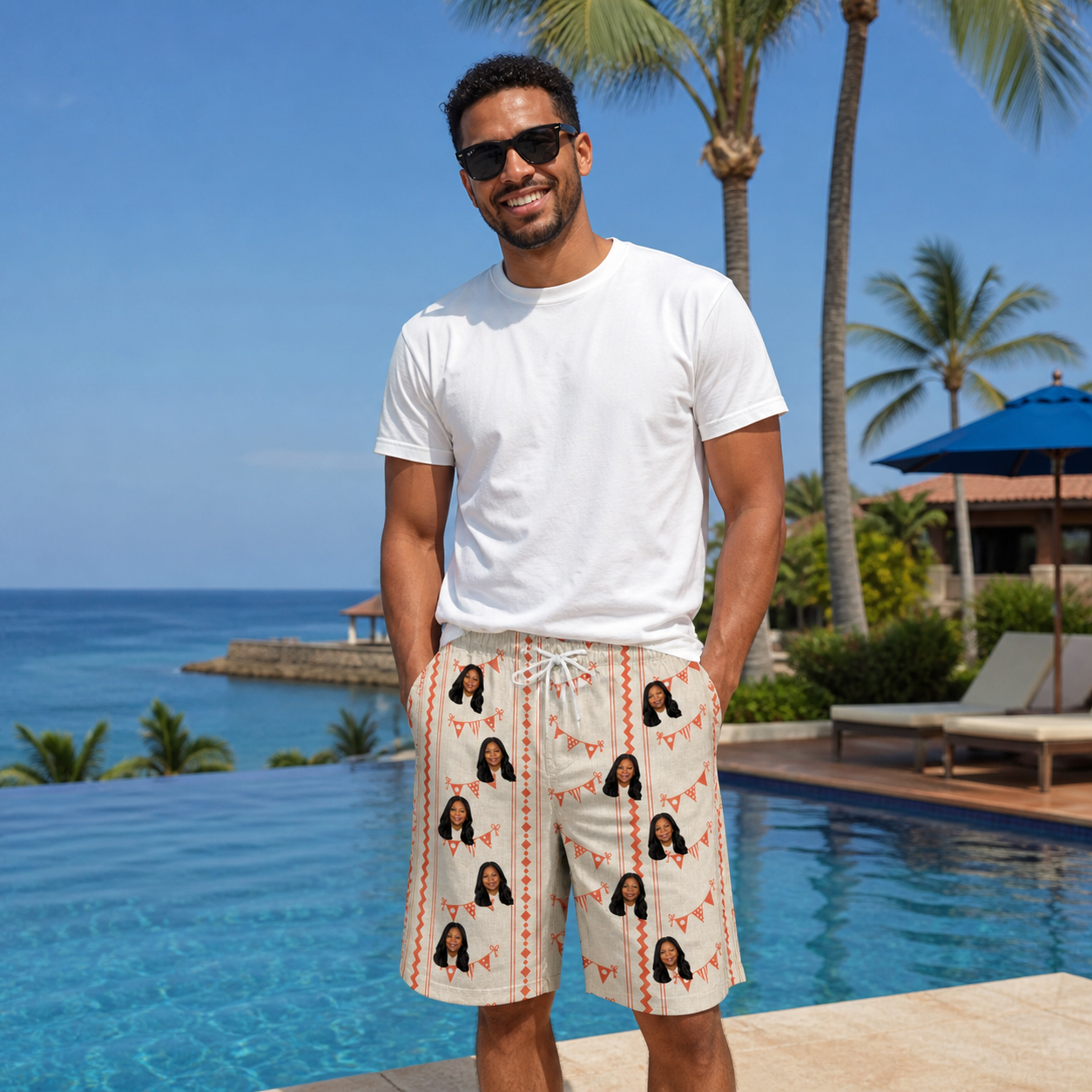 Real-life photo of someone wearing Men's Grand Gathering Custom Face Beach Shorts — custom faces printed all-over