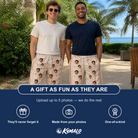 Friends in matching Men's Grand Gathering Custom Face Beach Shorts — a group gift photo