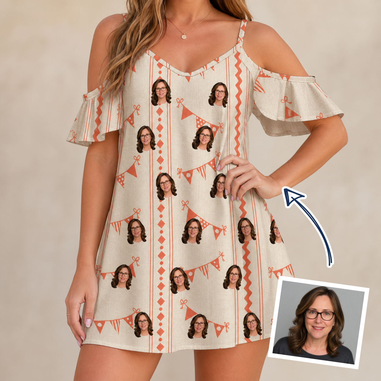 Woman wearing Women's Grand Gathering Custom Face Off-Shoulder Dress — custom faces printed all-over