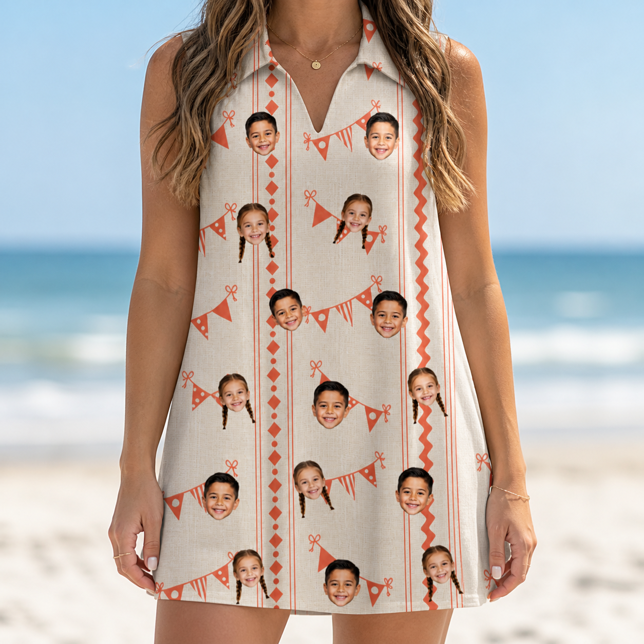 Model wearing Women's Grand Gathering Custom Face V-Neck Dress printed with kids' faces