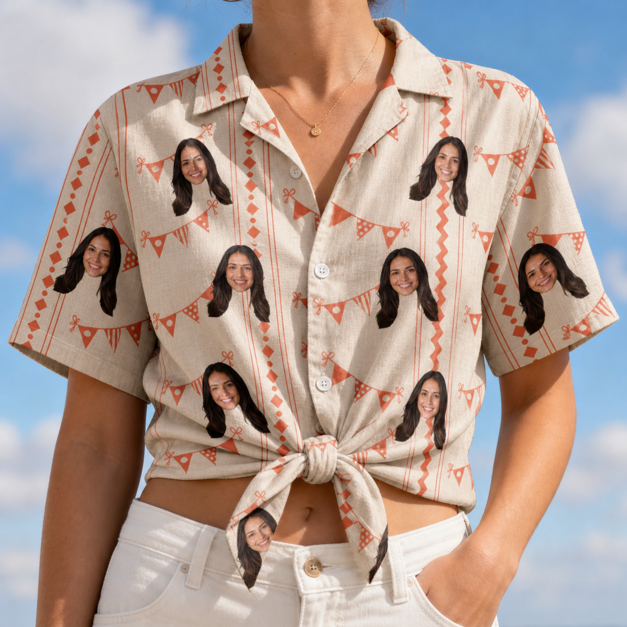 Woman wearing Women's Grand Gathering Custom Face Hawaiian Shirt tied at the waist