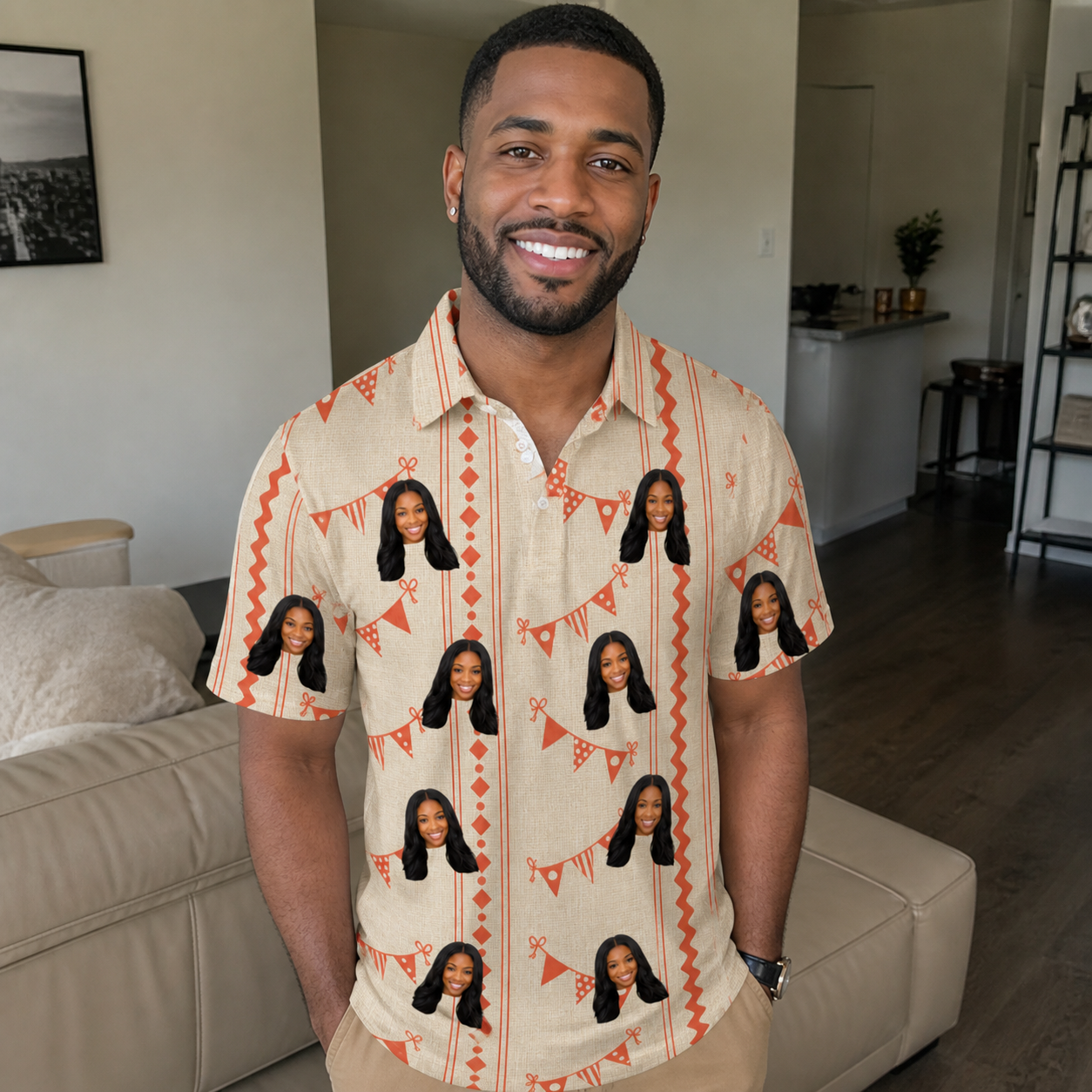 Real-life photo of someone wearing Men's Grand Gathering Custom Face Polo Shirt — custom faces printed all-over