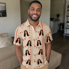 Real-life photo of someone wearing Men's Grand Gathering Custom Face Polo Shirt — custom faces printed all-over