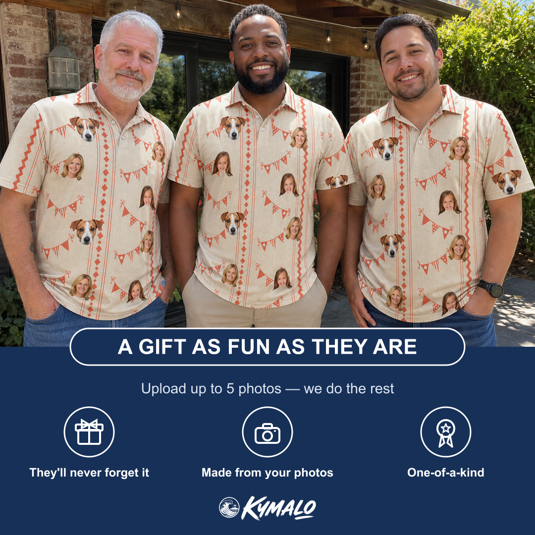 Friends in matching Men's Grand Gathering Custom Face Polo Shirt — a group gift photo