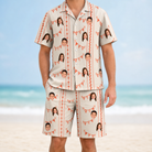 Model wearing Men's Grand Gathering Custom Face Shirt & Shorts Set printed with kids' faces