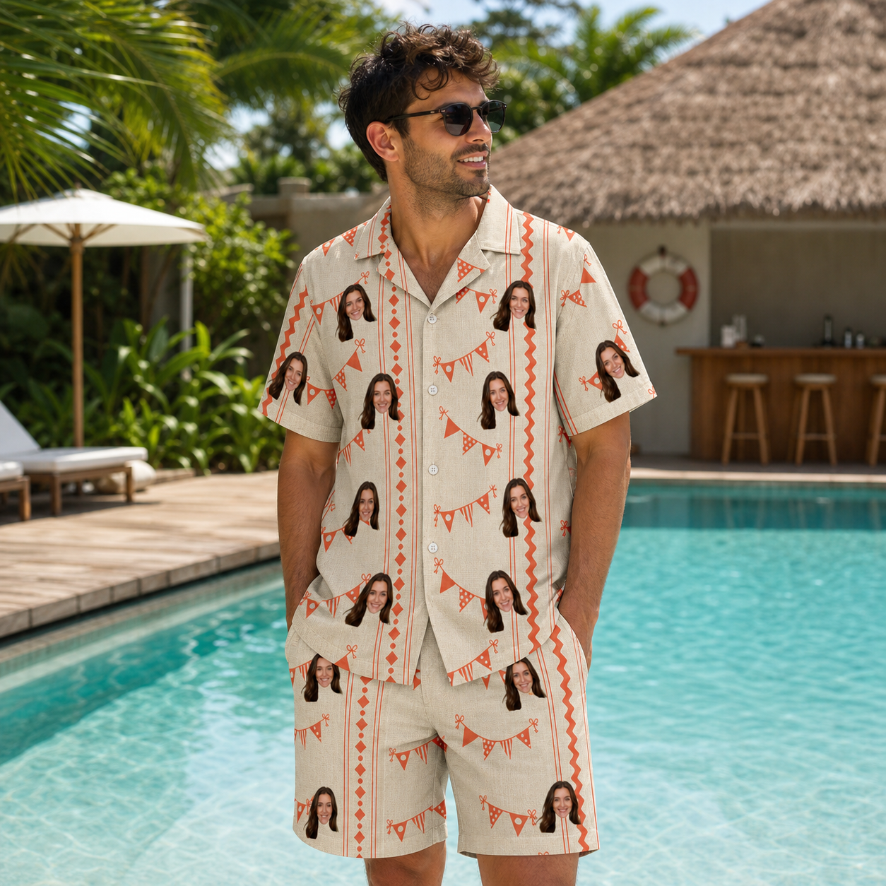 Real-life photo of someone wearing Men's Grand Gathering Custom Face Shirt & Shorts Set — custom faces printed all-over