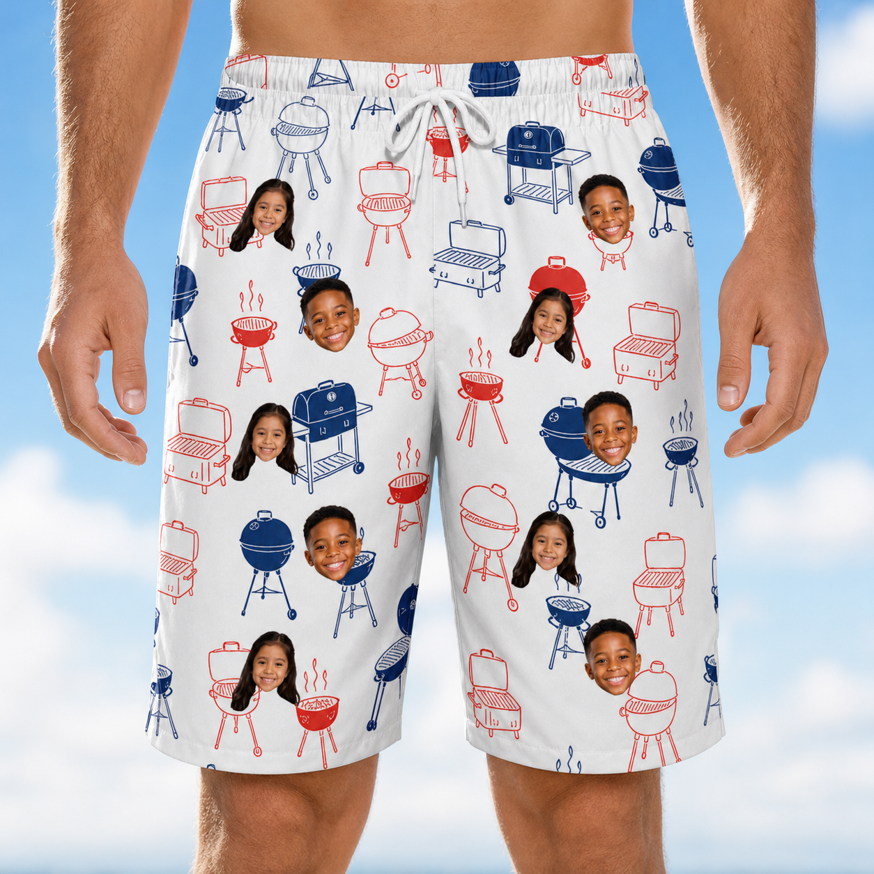 Model wearing Men's Grate Expectations Custom Face Beach Shorts printed with kids' faces