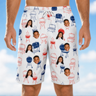 Model wearing Men's Grate Expectations Custom Face Beach Shorts printed with kids' faces