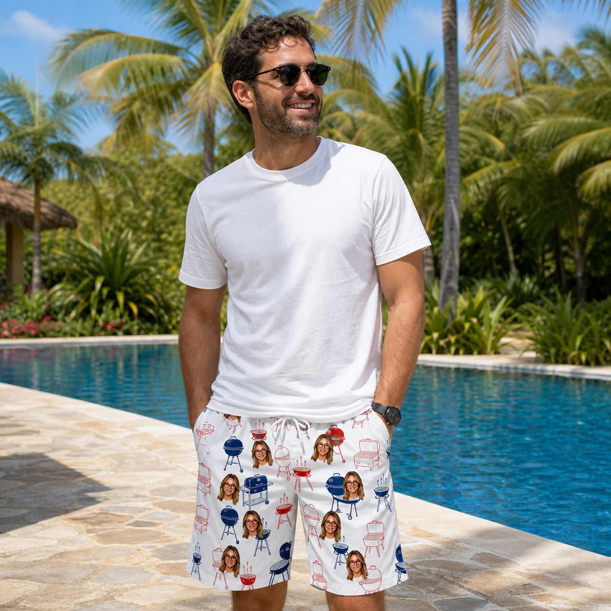 Real-life photo of someone wearing Men's Grate Expectations Custom Face Beach Shorts — custom faces printed all-over