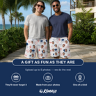 Friends in matching Men's Grate Expectations Custom Face Beach Shorts — a group gift photo