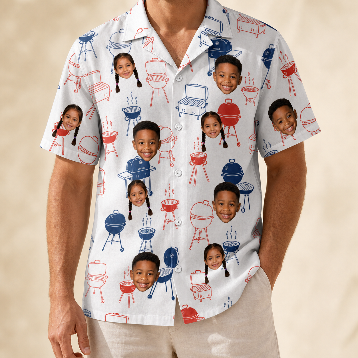 Model wearing Men's Grate Expectations Custom Face Hawaiian Shirt printed with kids' faces