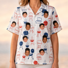 Model wearing Women's Grate Expectations Custom Face Hawaiian Shirt printed with kids' faces